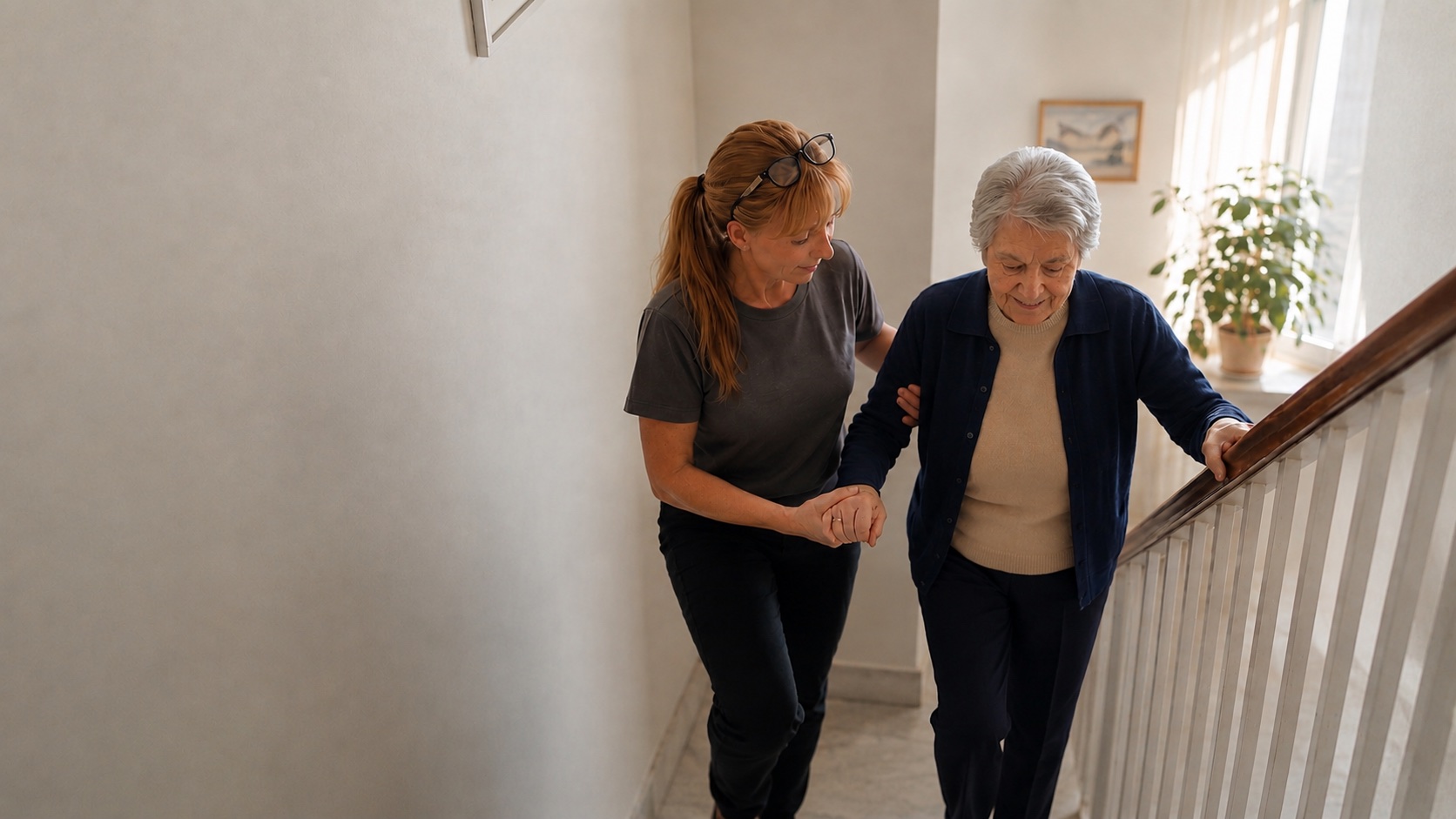 Federica accompagna una signora anziana lungo le scale di casa, sorreggendole il braccio