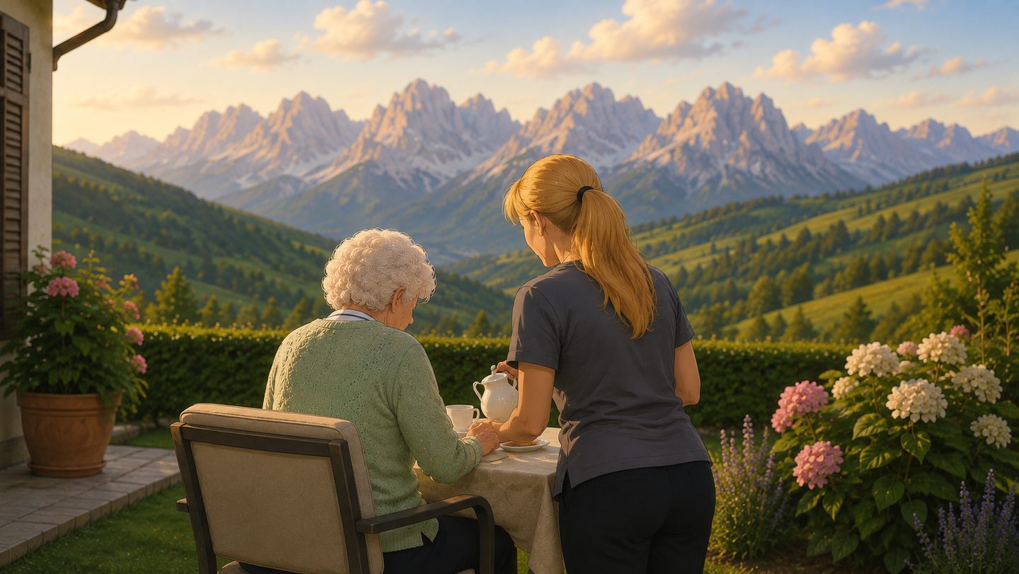 Illustrazione: Federica versa da bere a una signora anziana seduta in giardino, con le Dolomiti sullo sfondo